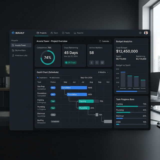 Manufacturing team reviewing production schedules on a digital dashboard